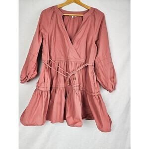 Madewell Crinkle Poplin Wrap Long Sleeve Mini Dress Mauve PETITE MEDIUM